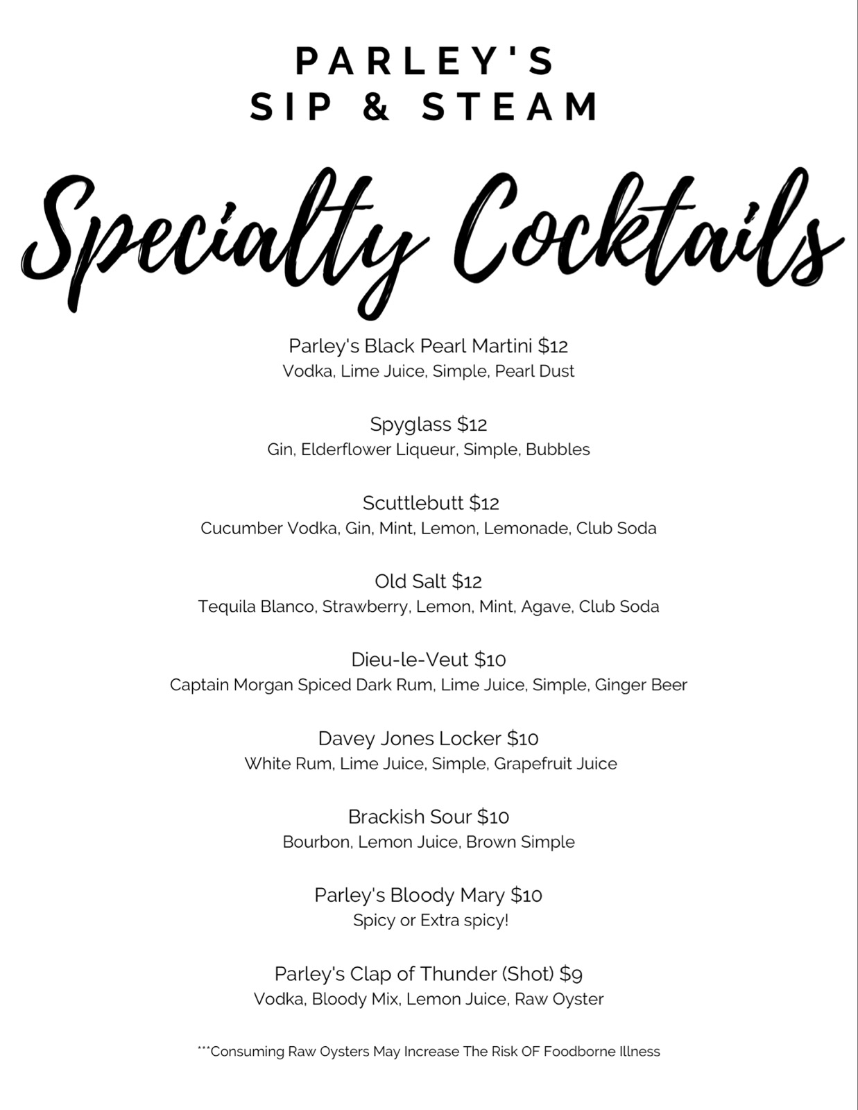 Specialty Cocktail Menu